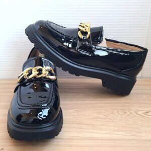 Atalina Womens Size 9W Wide Black Faux Leather Gold Chain Shoes Loafers Slip On